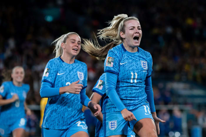 Lauren Hemp (no.11) and Alessia Russo pictured celebrating during England's 3-1 win over Australia in the semi-finals of the 2023 FIFA Women's World Cup